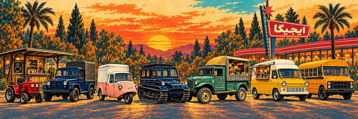 نقاشی غروب ایجیگا با ماشین‌های کلاسیک و تابلوی ایجیگا
